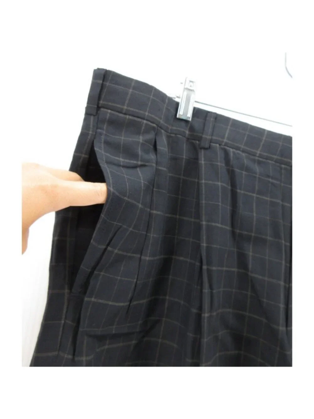 VGT Lands End Pants 42 Navy Wool Linen Check Pleated Trousers USA NEW